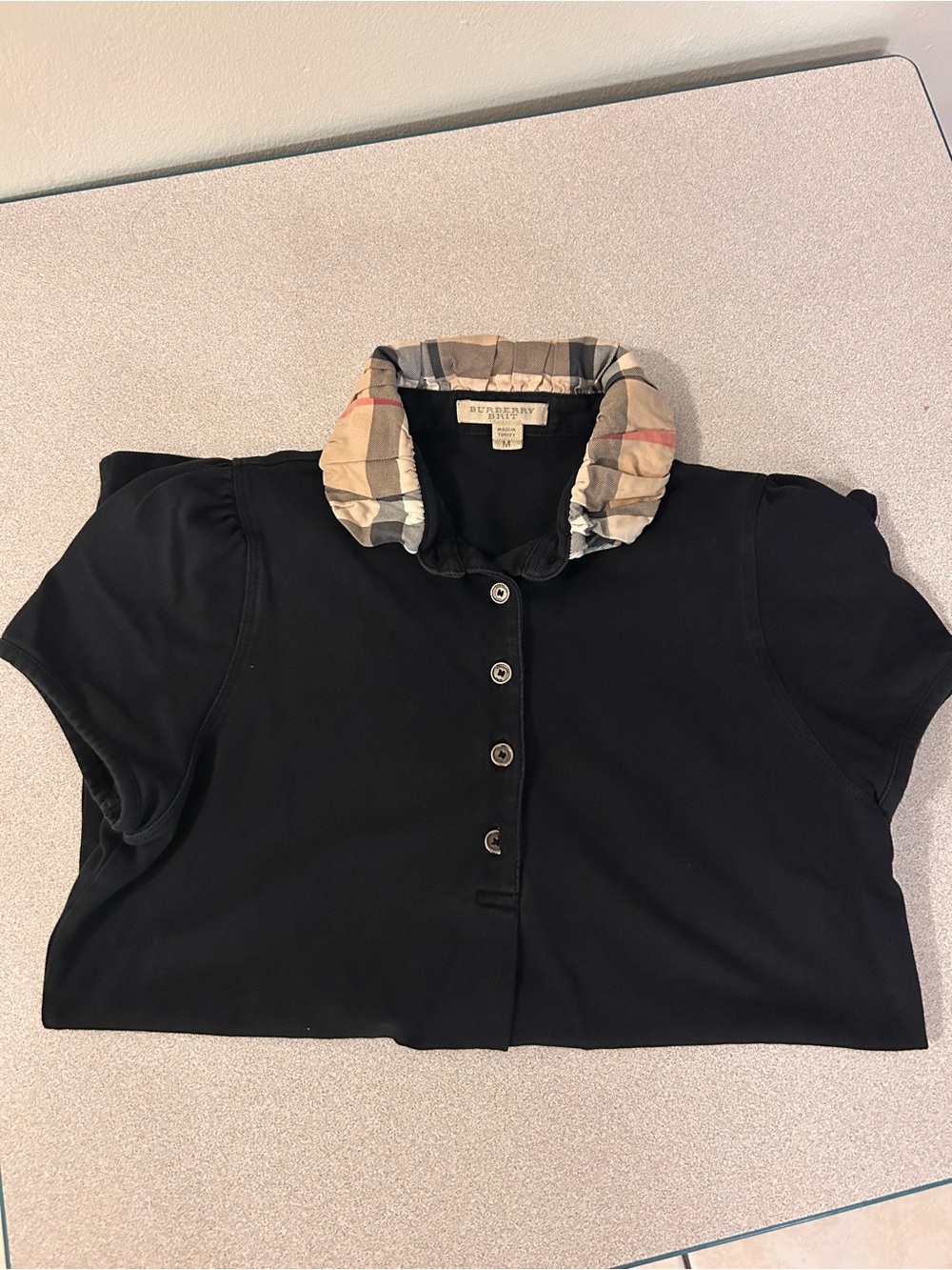 Burberry Black Button-Front Short Sleeve Top with Signature Check Collar
